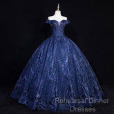 Navy Blue Ball Gown Long Formal Dress, Off Shoulder Navy Blue Party Dress